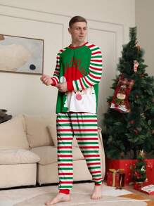 圣诞老人与字母印花长袖圆领上衣和条纹裤两件套男士圣诞睡衣套装 - 彩色 - 查看 3