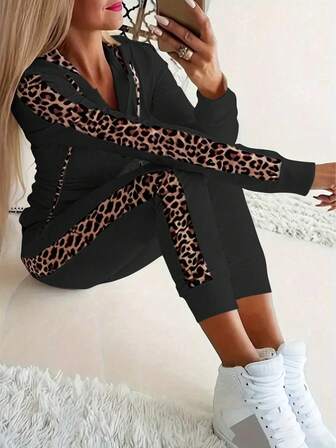 2pcs Women Casual Leopard Print Zipper Hoodie And Sweatpants Set, Autumn/Winter