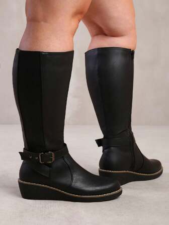 Where’s That From AYLEEN WIDE CALF WEDGE HEEL KNEE HIGH BOOTS WITH ELASTIC PANEL IN WIDE E FIT IN FAUX LEATHER