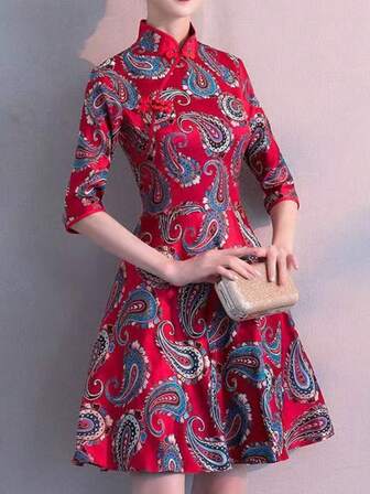 女士复古优雅佩斯利印花 A 字旗袍中式连衣裙