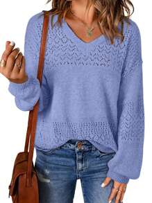 Women's Casual Vacation Light Slim Long Sleeve Knitted V-Neck Pullover Sweater - Mint Blue - View 3