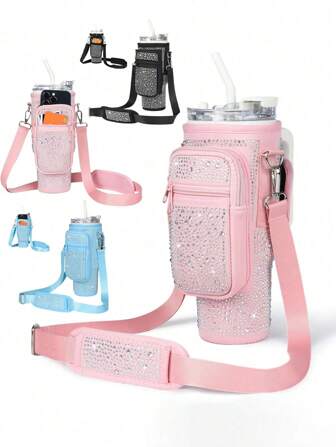 1 个闪亮水钻瓶袋 40/30 盎司带水钻装饰的隔热杯套，带卡夹的可调节多功能杯套，带可调节肩带的氯丁橡胶瓶套袋，适合户外活动、办公室、旅行、礼品、运动、万圣节礼品的杯子配件，随身携带的瓶子配件