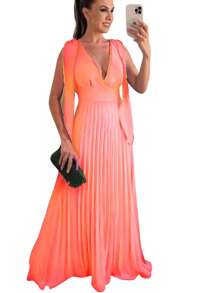Women's Long Pleated Dress For Bridesmaids At Weddings And Graduations - 珊瑚粉 - 查看 1