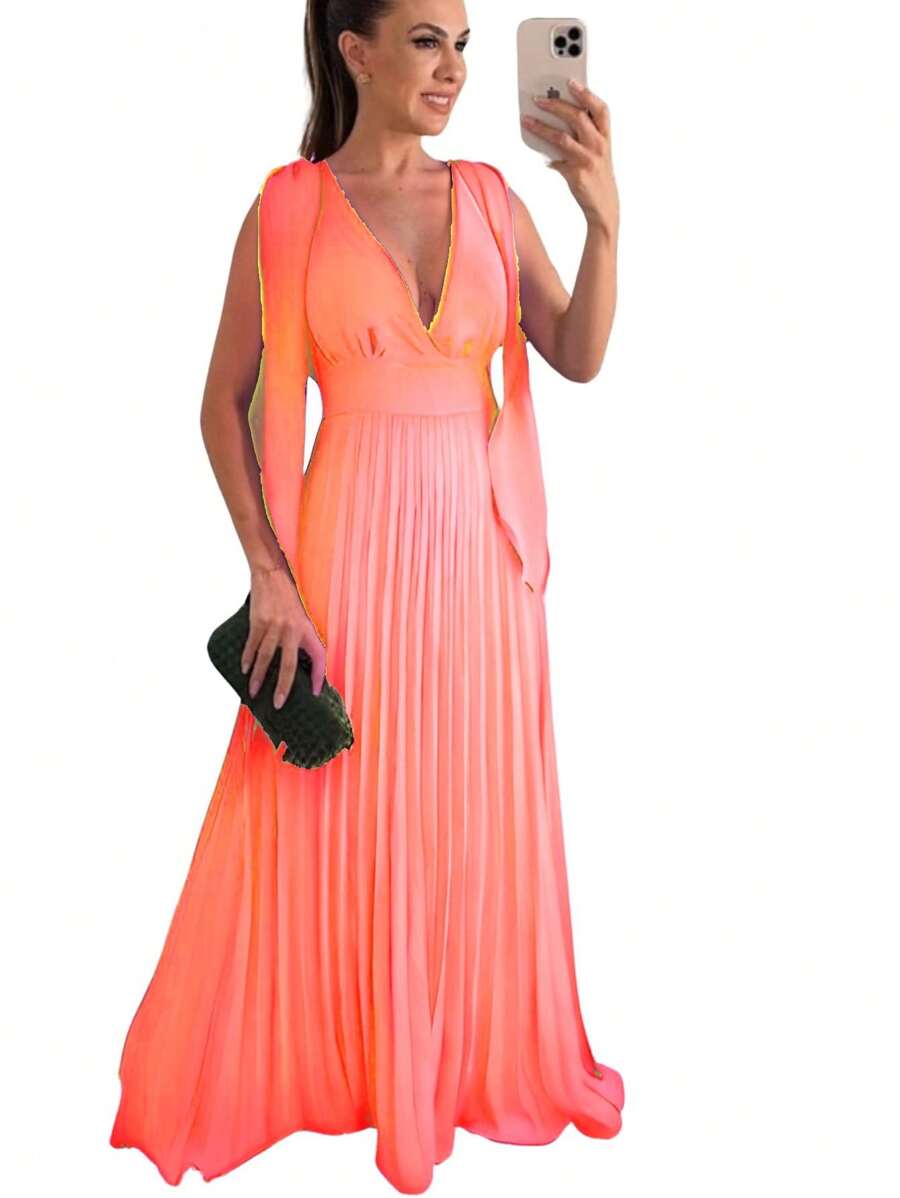 Women's Long Pleated Dress For Bridesmaids At Weddings And Graduations - 珊瑚粉 - 查看 1