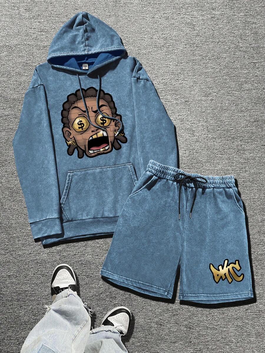 2pcs/Set Men Funny Print Washed Hoodie And Shorts Set - Blue - View 1