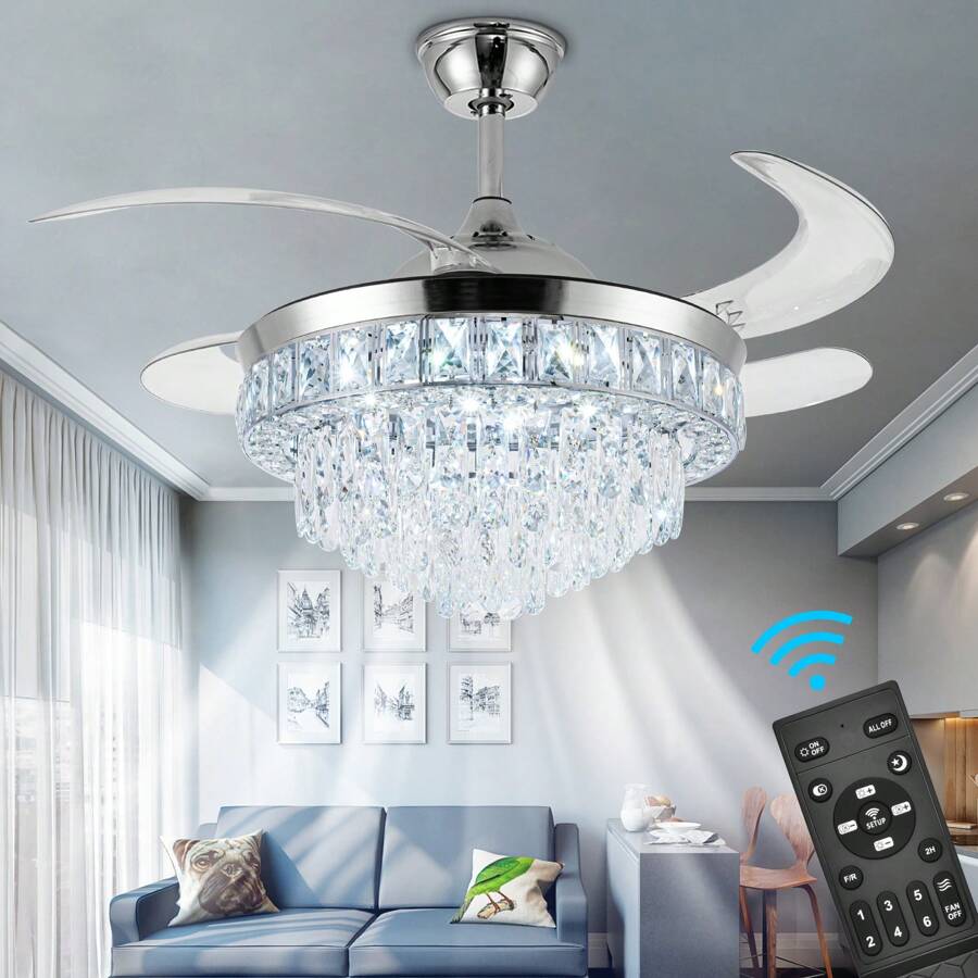 Crystal Ceiling Fan With Light,42Inch Crystal Fandelier, Modern