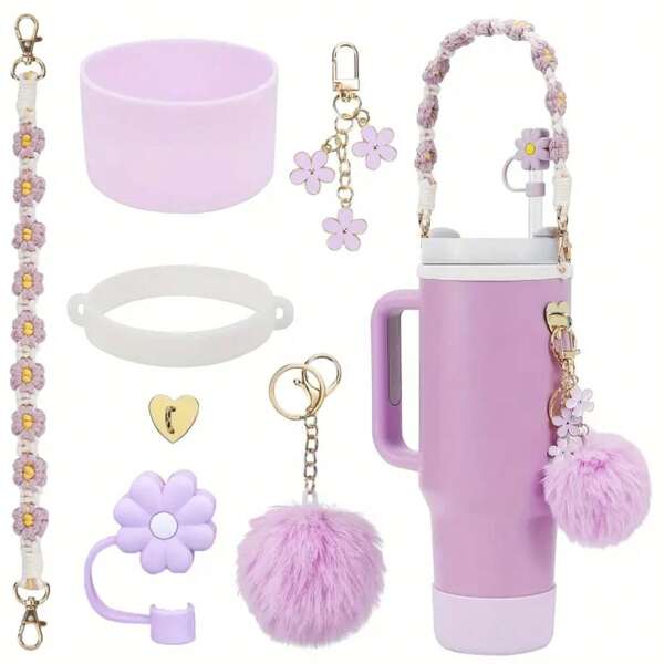 Conjunto de acessórios para copos compatível com Cup 30 Oz 40 Oz Inclui 1 alça para garrafa de água, 1 capa de canudo de silicone, 1 capa de silicone para copo, 2 acessórios de pingentes