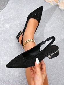 French Lace Flat Chunky Heel Pointed Toe Backless Slip-On Loafers For Women - Black - View 5