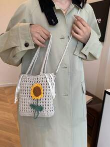 2024 手工编织向日葵手提包，清新单肩/斜挎包，秋冬 - 卡其色 - 查看 2
