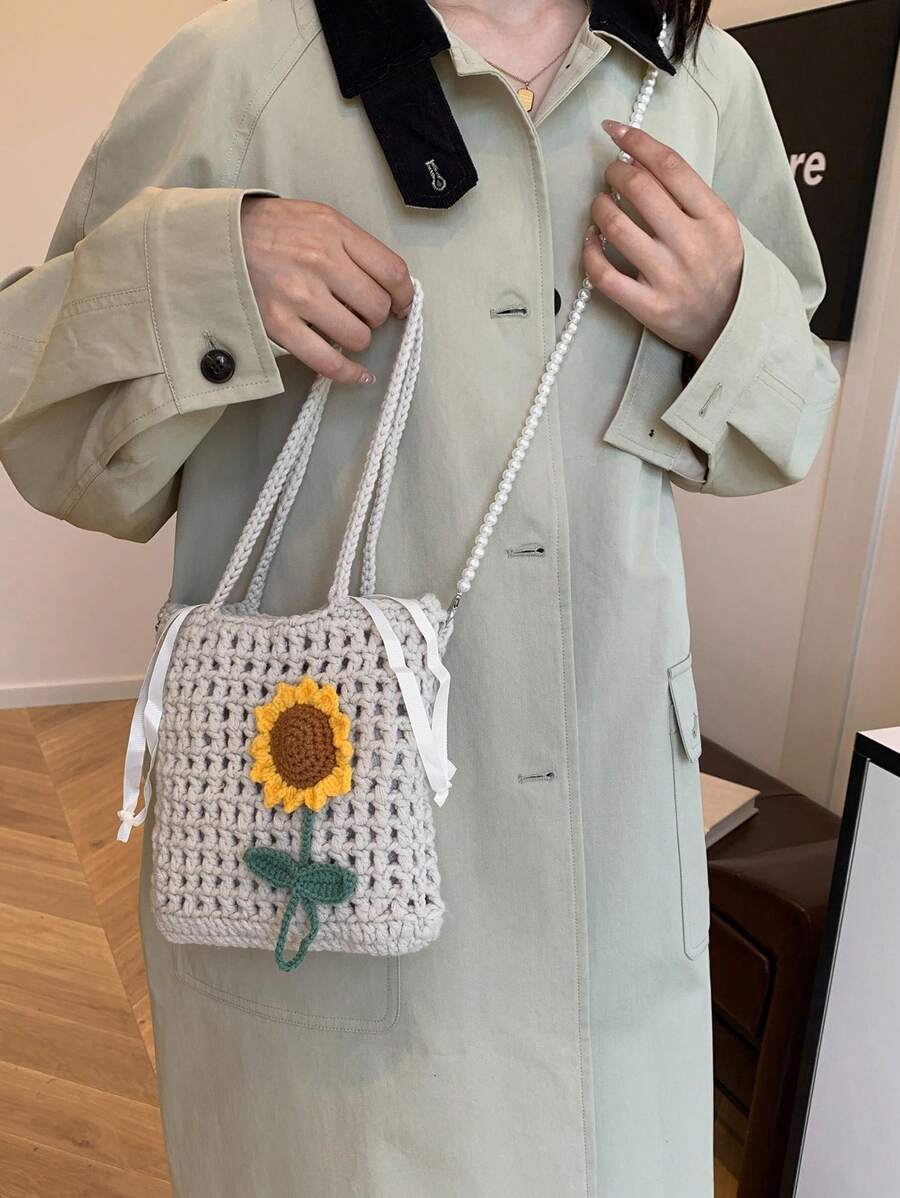 2024 手工编织向日葵手提包，清新单肩/斜挎包，秋冬