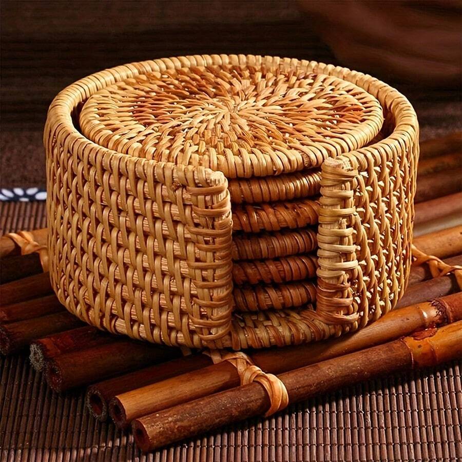 Rattan Coasters, Coasters, Tea Mats, Tableware Mats, Bowl Mats, Plate Mats, Anti-Scalding Mats, Coaster Sets, Heat-Resistant Bamboo Rattan Material, Hand-Woven, Suitable For Tea Cups And Coffee Cups As Well As Tableware Tea Sets, Used To Protect Desktop Dining Table Insulation, Very Suitable For Home Decoration And Holiday Gifts
