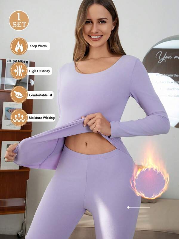 1 Conjunto Roupa Térmica de Alta Elasticidade de Cor Sólida para Mulheres, Conjunto de Pijama Íntimo, Roupa Íntima Térmica Ajustada ao Frio do Inverno, Conjunto de Roupa Térmica Forrada a Lã para Manter o Calor no Inverno