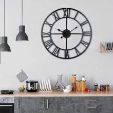 Vintage Large Wall Clock 60CM Vintage Black Round Metal Silent Non Ticking Battery Operated Clock Skeleton Roman Numerals Hanging Clock For Living Room Bedroom Kitchen - Black - View 6