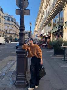 Suéter de mujer tipo cropped, de ajuste holgado, con diseño de giro, estilo vintage y casual, en color naranja atardecer, para otoño/invierno, ideal para el Día de San Valentín y atuendos de San Valentín para mujeres - Naranja - Ver 3