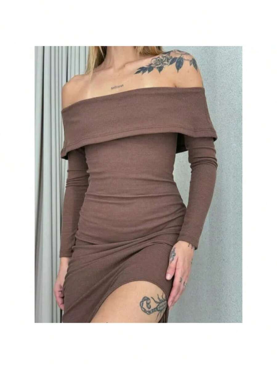 Long Dress With Slit Off The Shoulder - 咖啡棕 - 查看 1