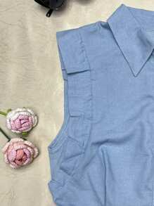 Women's Cropped Denim Shirt/Sleeveless/Casual/Fake Belts - Màu xanh nhạt - Xem 2