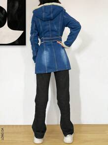 Abrigo largo de mezclilla con afelpado por dentro - Azul lavado oscuro - Ver 7