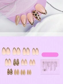 24片中号杏仁形美甲贴片，豹纹法式贴片，线条艺术设计，高光泽全覆盖，适合女性和女孩日常佩戴，秋冬季美甲配件及用品 - 彩色 - 查看 2