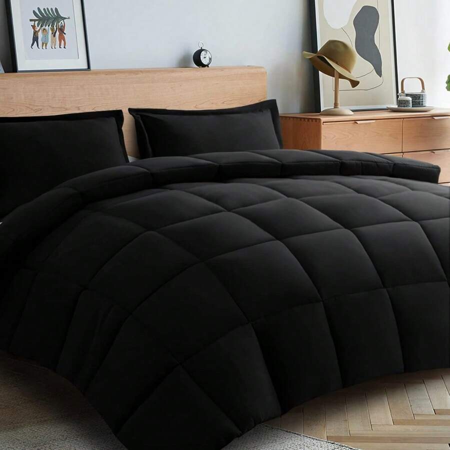 Black King Size Comforter Set-3 Pieces Down Alternative King Comforter Set-All Season Cooling Reversible Comforter With 2 Pillow Shams-Corner Tabs Machine Washable (Black King) - 黑色 - 查看 1
