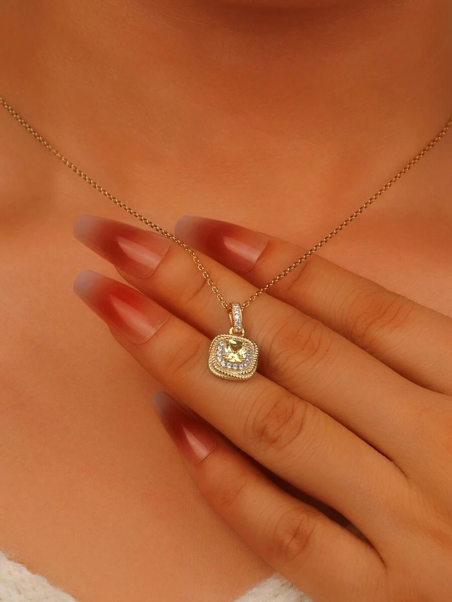 1 chiếc vòng cổ mặt dây chuyền hình viên đường vuông đính đá Cubic Zirconia 925 Sterling Silver, sang trọng & thời trang, thiết kế thanh lịch, thích hợp cho phụ nữ đeo trong các dịp thường ngày, tiệc tùng, tiệc tối - Vàng - Xem 1