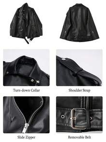 Women's Faux Leather Jacket, Lapel Collar, Zipper Closure, Long Sleeve Motorcycle Short Coat - Black - View 6