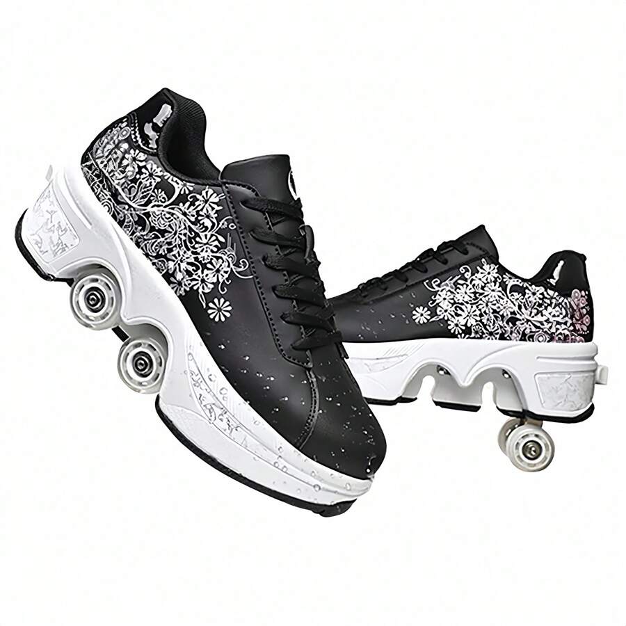 Transformable Roller Skate Shoes,Women Men Retractable Four Wheel Double-Row Skates Multifunctional Outdoor Sneakers Black Flower Casual Walking Shoes For Teens, Students& Aldult - 黑色 - 查看 1