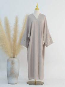 1pc Solid Color Elegant Embroidered Cuff Cardigan, Suitable For Women's Daily Outings, Muslim Abaya - Multicolor - View 6