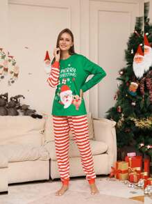 Pijama navideño para mujer, conjunto de Navidad de top a rayas rojas de Papá Noel y pantalones con estampado floral, ropa de dormir navideña, conjunto de 2 piezas de ropa de estar por casa para otoño/invierno, ropa de otoño - Multicolor - Ver 3