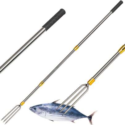 Cyfie Telescopic Fish Gaff Gig Flounder, 4.8/6/9.4 Ft Stainless Steel Fishing Hunting Gigging Pole With 1-Prong 3-Prong Spear Hook, Gigging Fishing Harpoon Saltwater River For Frog Flounder Mole