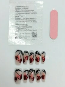 新鲜 10 件红色“樱桃”按压指甲釉面杏仁形秋冬中号家居 DIY 指甲设计全覆盖假指甲女士和女孩美甲用品 - 彩色 - 查看 2