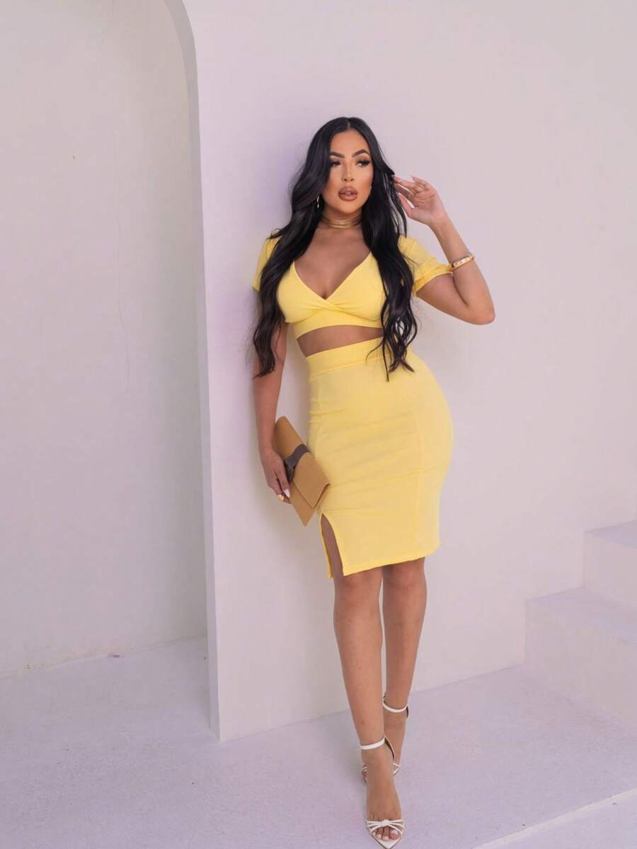 Ribana Feminine Cropped Set With Tie At The Back And Midi Skirt - Màu vàng - Xem 1