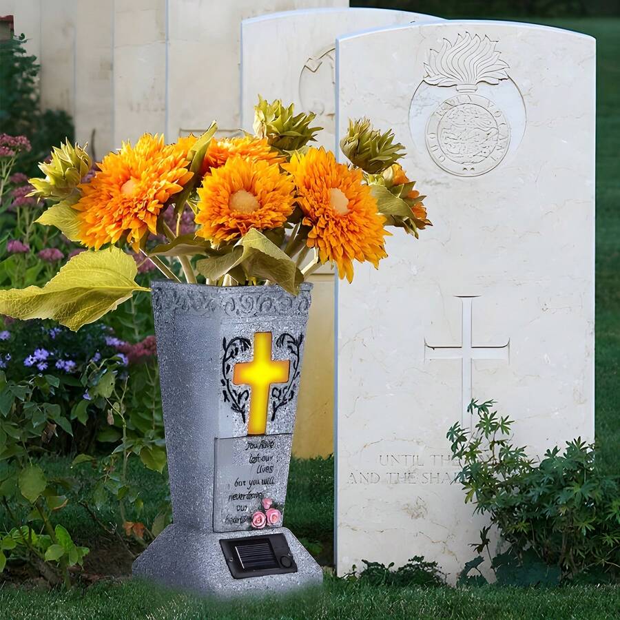 Senmeo 1Pcs Solar Cemetery Vase, Cross Lamp Memorial Flower Holder With LED,  Headstones Vases With Spike, Halloween Christmas Decoration Memorial, Remembrance Gift For Outdoor Yard Patio Loss Of Loved One