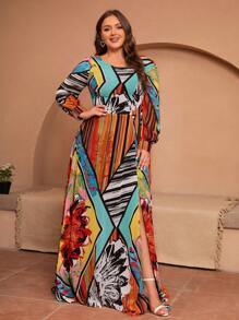 彩色大码开衩花卉印花拼接圆领长袖连衣裙