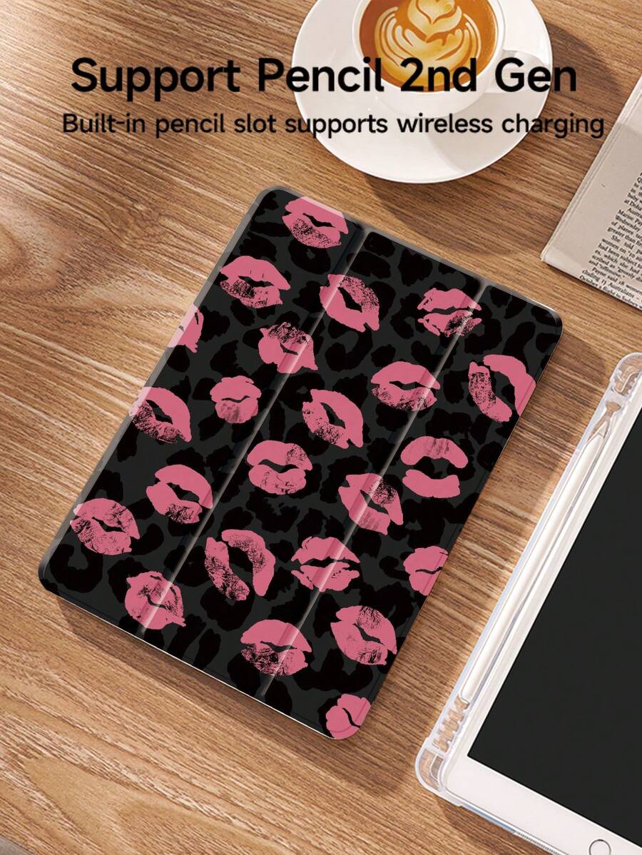 1 件豹纹和唇形图案扁平保护壳，兼容 iPad 10.2 英寸、兼容 iPad Pro 11 2021/2020/10 代、兼容 iPad Mini 4/5/6、兼容三星 Galaxy Tab A8 10.5 英寸 2022、Matepad 10.4/Tab、带铅笔槽、防震、平板电脑支架、支持自动睡眠/唤醒 - 彩色 - 查看 1