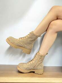 RevReaL Women's Rivet Decor Platform Boots - Fashionable Lace Up Ankle Boots (Black/Khaki)