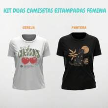 luvize Kit - 2 Printed Women's T-Shirts, Basic, Slim, 100% Cotton, Super Comfortable, Premium Fabric - 黑與白 - 查看 2