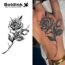 Boldink Boldin K 非永久纹身技术，玫瑰花灵感设计，入门级纹身贴纸，防水持久，可维持 1-2 周，自然逼真，趣味纹身体验，手部纹身贴纸 - 黑色 - 查看 2