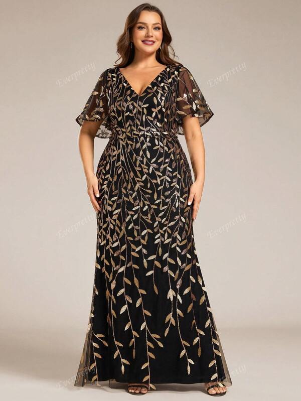 EVERPRETTY Plus Size Women's Elegant Ruffled Sleeve V-Neck Sequin & Floral Print Mermaid Gown, Party Dress, Wedding Guest Dress, Formal Dress, Evening Dress