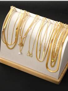 11pcs Fashionable Minimalistic Elegant Exquisite Vintage Faux Pearl Heart Shaped Crystal Butterfly Geometric Vertical Stripes Snake Chain Metal Pendant Multi-Layer Necklace Set, Perfect For Festivals, Vacations, Parties, Dates, Daily Wear And As Gifts