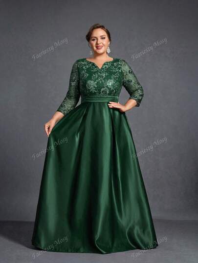 Plus Women's Notched Neck Satin Hem Sequin Mother Of The Bride Dresses With Beaded Flowers Decoration Column Style, Elegant Bridal Dress