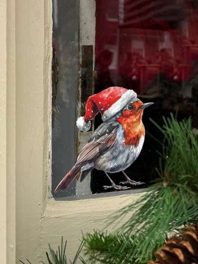 Cute Christmas Hat & Bird Wall/Window Sticker Decals For Bedroom, Living Room, Entrance, Dorms, Home Decor