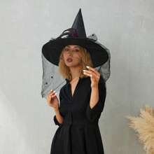 Women Halloween Witch Hat, Vintage Feather Flower Hat With Veil For Cosplay Festival Party - 黑色 - 查看 3