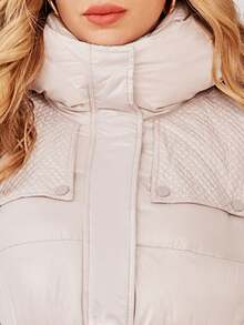 拉链扣带腰带连帽夹棉大衣 - 米色 - 查看 6