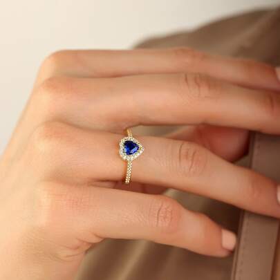 1pc Luxury S925 Sterling Silver Blue Zirconia Sparkling Gold Ring, Women's Jewelry, Wedding/Engagement Gift