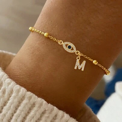 1pc New Fashion Eye & Letter Gold Stainless Steel Beaded Chain Bracelet, For Women