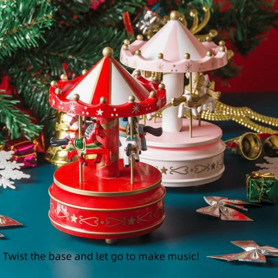 1pc Rotating Carousel Music Box Decor, European Style Christmas Gift Wooden Carousel Music Box Birthday Gift Home Decor, Plastic Crafts May Have Excess Glue Or Dirt, Please Be Cautious If Concerned Christmas Decorations Room Decor
