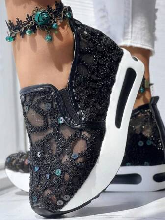 Women's Shiny Mesh Slip-On Wedge Heel Platform Sneakers, New Fall/Winter Black Metallic Casual Shoes, Party Wedding Shoes, Back To School