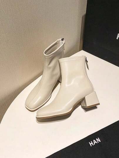 女士短踝靴粗跟高跟白色细靴法式