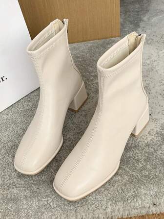 女士短踝靴粗跟高跟白色细靴法式