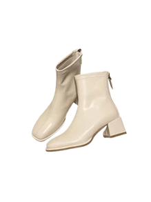 Women Short Ankle Boots Thick Heel High Heel White Slim Boots French Style